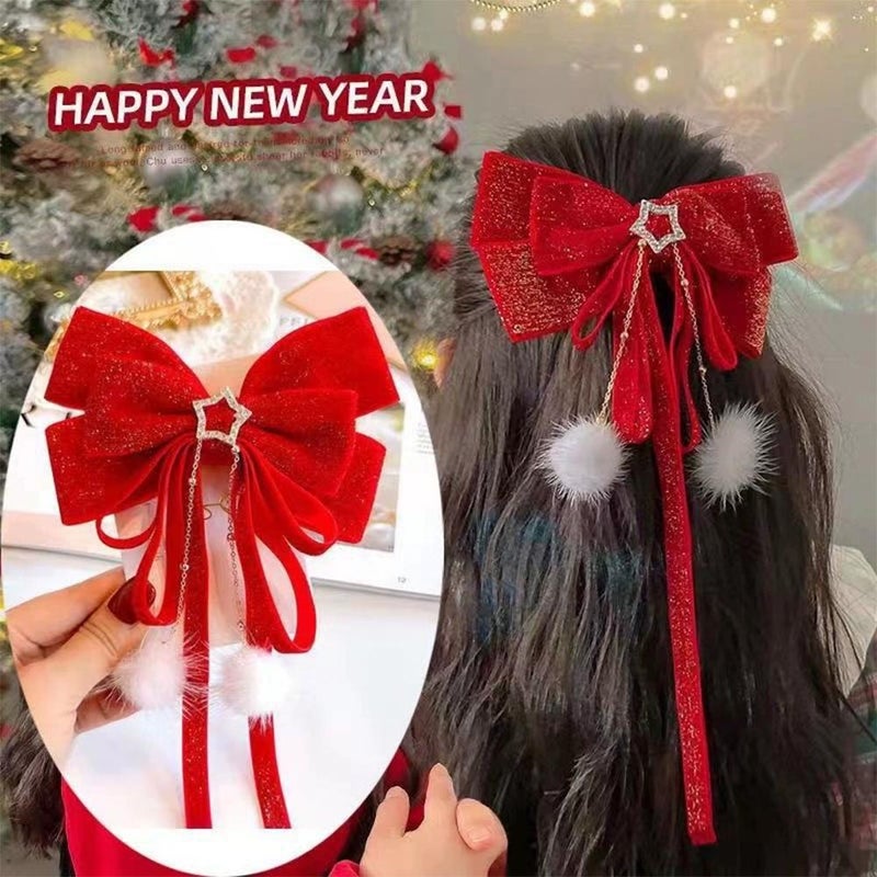 Christmas Hair Bow Clip Red Velvet Bowknot, Red Glitter Hair Bows with Plush Ball, Design Stylish Hairs Bows Girls Women, For Christmas,Valentine's Day New Year Hairs Decorations - Image 5